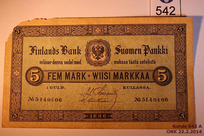 k-0542-a.jpg - Kohde 542, l�ht�hinta: 70 &euro; 5 mk  1886  SNY 128.2 5140406 CHA-Lan, yl�nurkassa pieni puutos, kunto: 2