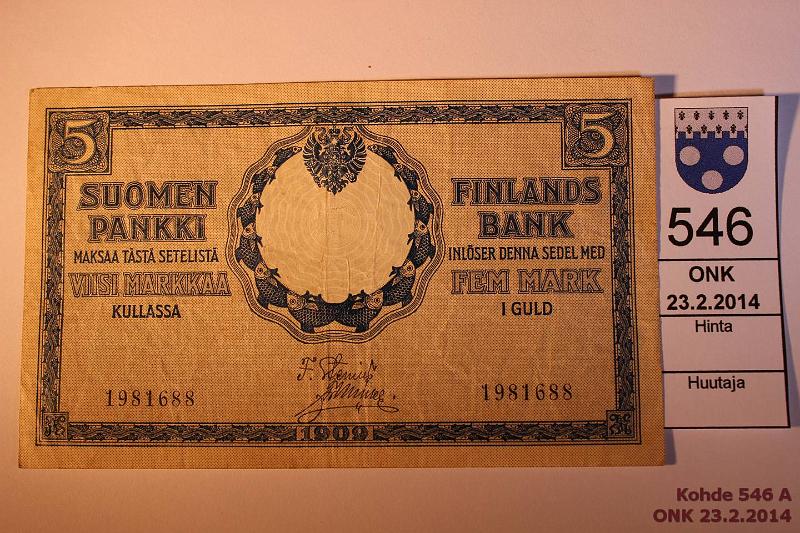 k-0546-a.jpg - Kohde 546, lhthinta: 15 € / myyntihinta: 15 € 5 mk 1909 SNY 130.1 1981688 STE-Ml, eprep, kunto: 4