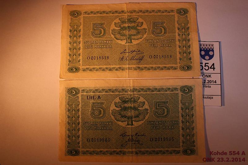 k-0554-a.jpg - Kohde 554, lhthinta: 5 € / myyntihinta: 13 € 5 mk 1922 -, LA SNY 132.1, 132.2 O..GR-The rep, reik; LA G..HEU-Ml, kunto: 2,4
