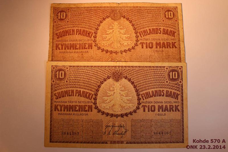 k-0570-a.jpg - Kohde 570, lhthinta: 10 € / myyntihinta: 13 € 10 mk 1909, 18 SNY 141.1, 142.1. 9644362 JR-The; 3552912 STE-His rep, reiki, pehme, kunto: 4,3