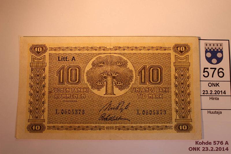 k-0576-a.jpg - Kohde 576, lhthinta: 10 € / myyntihinta: 44 € 10 mk 1922 LA SNY 143.2 L0605373 RYT-Wah, hyv paperi, kunto: 5