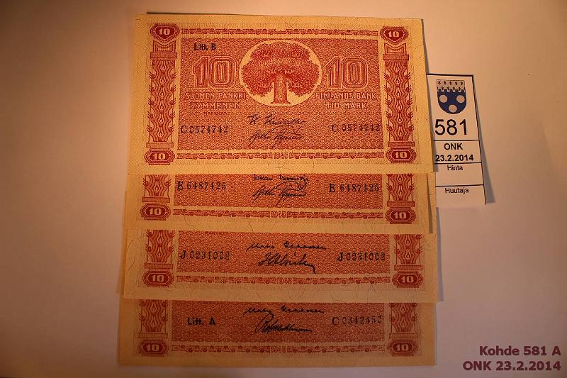 k-0581-a.jpg - Kohde 581, lhthinta: 25 € / myyntihinta: 25 € 10 mk 1945 LA, LB (4) SNY 145.1, 145.2 LA C..KEK-Wah; LB C..KIV-AAs, E..TUO-AAs, J..KEK-Als (kl9), kunto: 6-9