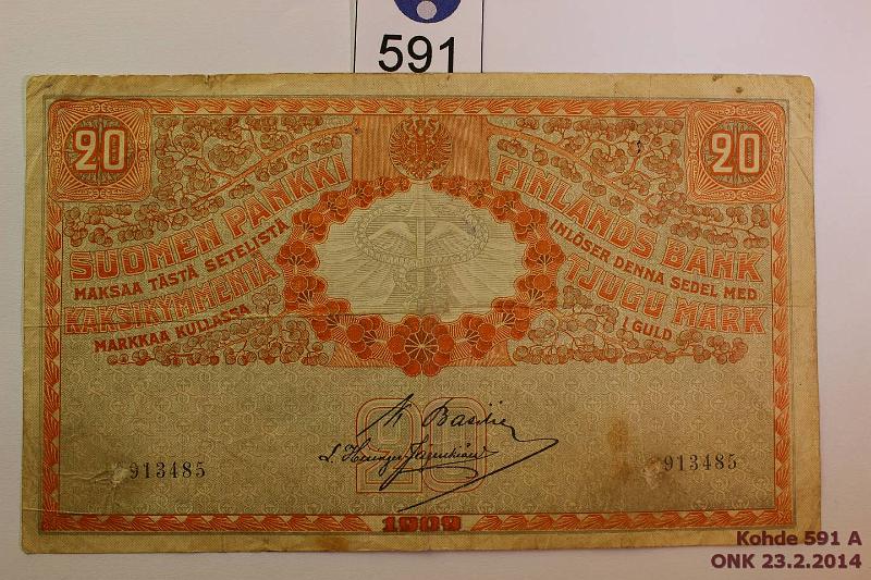 k-0591-a.jpg - Kohde 591, lhthinta: 5 € / myyntihinta: 5 € 20 mk 1909 KV SNY 156.4, (9)913485 BAS-His, 1. n:o 9 raaputettu pois, prep, ptahroja, kunto: 3