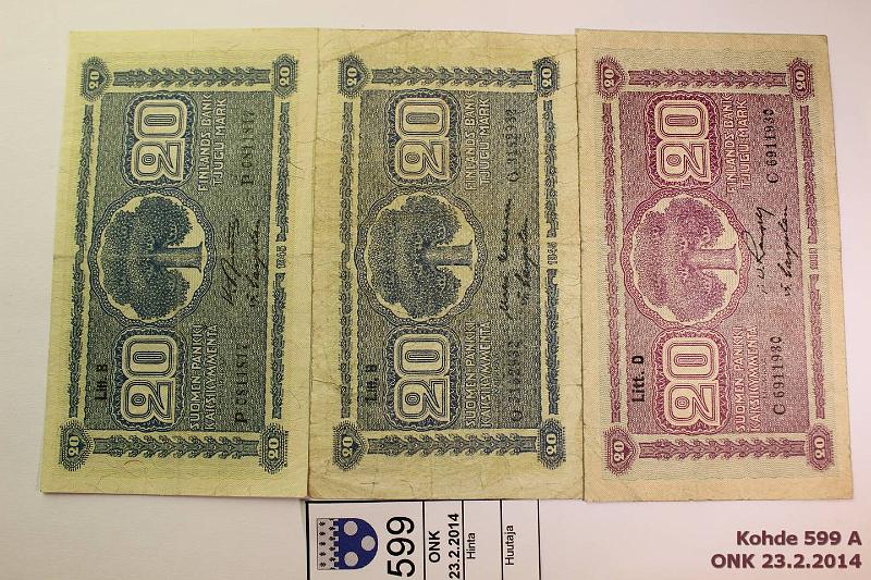 k-0599-a.jpg - Kohde 599, lhthinta: 5 € / myyntihinta: 5 € 20 mk 1939-45 (3) SNY 159.2, 160.2. 1939 LD C..RAN-Car;-45 LB O..KEK-Car, P..JUT-Car, kunto: 3-4