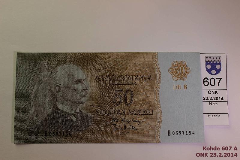 k-0607-a.jpg - Kohde 607, lhthinta: 25 € / myyntihinta: 25 € 50 mk 1963 LB SNY 170.5 B0597154 KA I-Ara, ei taitteita, toisessa reun. hieman eloa, kunto: 7