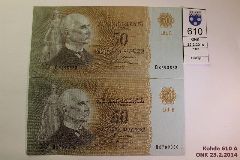 k-0610-a.jpg - Kohde 610, lhthinta: 20 € / myyntihinta: 23 € 50 mk 1963 LB (2) SNY 170.5 D..SIM-Tr, D..HET-Luu, kunto: 5,4