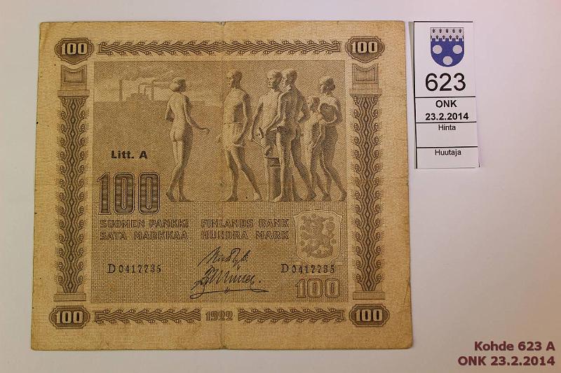 k-0623-a.jpg - Kohde 623, lhthinta: 100 € / myyntihinta: 260 € 100 mk 1922 LA SNY 178.2 D0417735 RYT-Ml, prep, reunarosoa, keskireik, ei laattanumeroa, kunto: 3