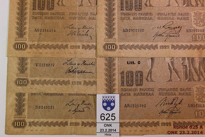 k-0625-a.jpg - Kohde 625, lhthinta: 40 € / myyntihinta: 82 € 100 mk 1922 LC (5) SNY 178.5 D..HEU-OAs harv. allek (v), V..HEU-Wah, AB..RYT-AAs, AD..RAN-AAs, AG..HEU-Als, vikoja, kunto: 2-3