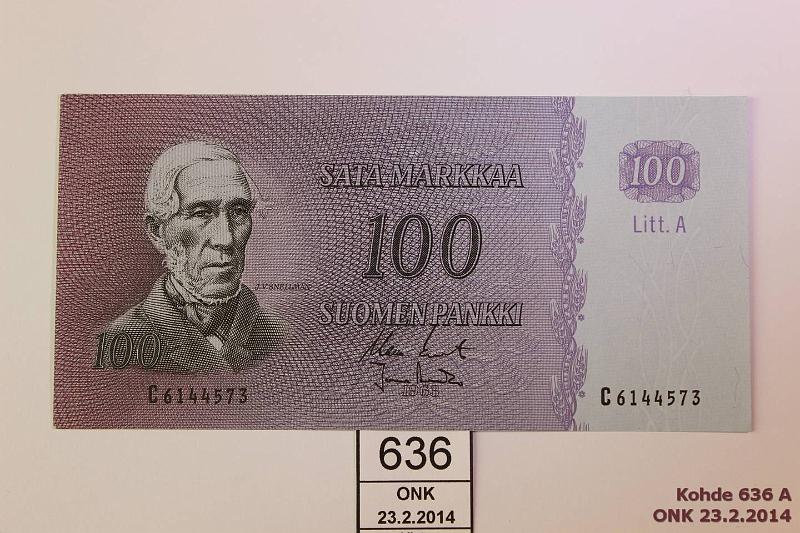 k-0636-a.jpg - Kohde 636, lhthinta: 30 € / myyntihinta: 54 € 100 mk 1963 LA SNY 183.3 C6144573 KO II-Ara, kunto: 9