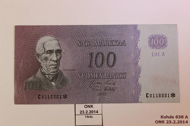 k-0638-a.jpg - Kohde 638, lhthinta: 40 € / myyntihinta: 140 € 100 mk 1963 LA* SNY 183.4 C0118881* LAS-He, tahra, korvaava, kunto: 5