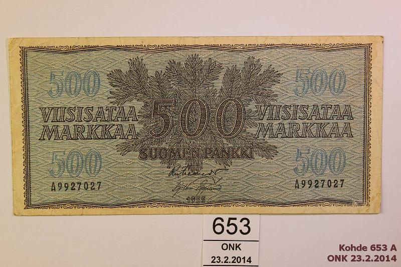 k-0653-a.jpg - Kohde 653, lhthinta: 50 € / myyntihinta: 130 € 500 mk 1955 SNY 191.1 A9927027 FIE-AAs, kunto: 4