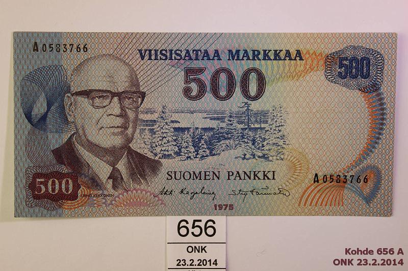 k-0656-a.jpg - Kohde 656, lhthinta: 100 € / myyntihinta: 145 € 500 mk 1975 SNY 193.1 A0583766 KA I -Tr, metallilanka, kunto: 7
