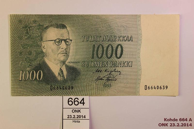 k-0664-a.jpg - Kohde 664, lhthinta: 20 € / myyntihinta: 44 € 1000 mk 1955 SNY 200.1 O6640639 KA I-AAs, kunto: 5