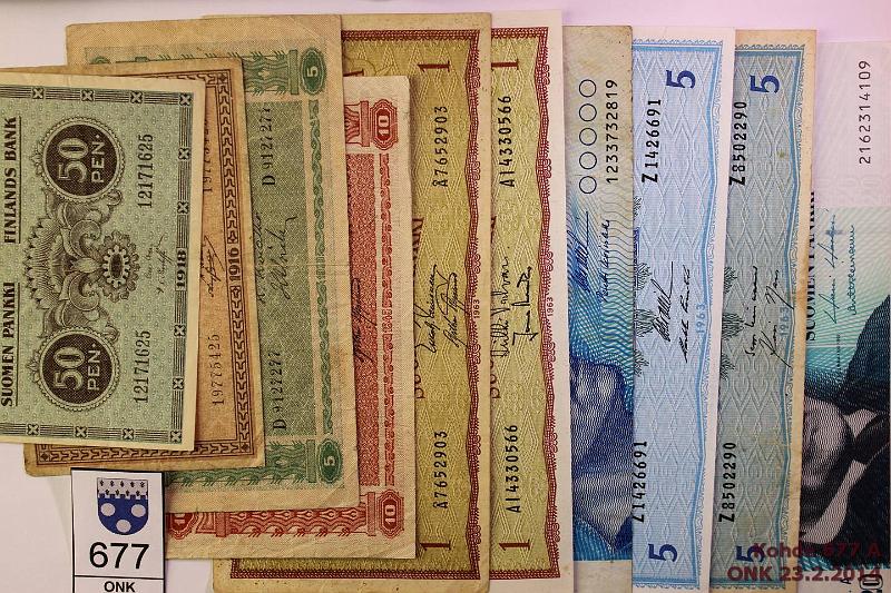 k-0677-a.jpg - Kohde 677, lhthinta: 10 € / myyntihinta: 10 € 50 p - 20 mk 1916-93 (10) 50 p 1918; 1mk-16, 63(2); 5mk-39LD, 63 LB(2); 10mk-45 LB, 86; 20mk-93 LA (kl9), osassa vikoja, kunto: 1-6,9