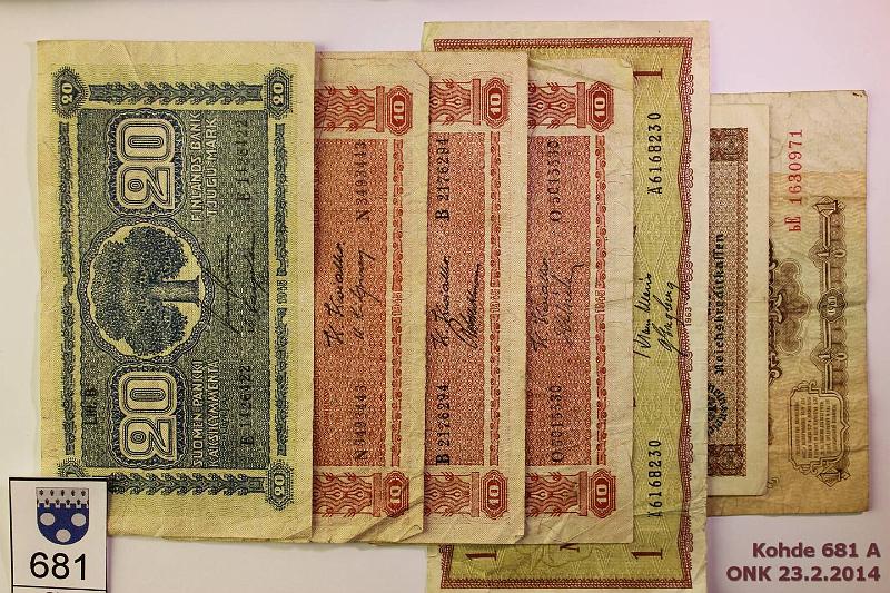 k-0681-a.jpg - Kohde 681, lhthinta: 5 € / myyntihinta: 8 € 1-20 mk 1945-63 (5+2) 1mk-63 ..; 10mk-45LB(3) O, , ..; 20mk-45LB E..; Saksa Eine Reichsmark; NL 1kop-61, kunto: 2-4