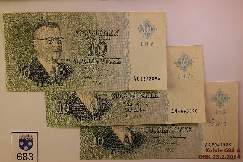 k-0683-a.jpg - Kohde 683, lhthinta: 3 € / myyntihinta: 7 € 10 mk 1963 LA (3) AM..UUS-Vou nastanreit, AQ..UUS-Pun, AX..ALE-Luu km, kunto: 4