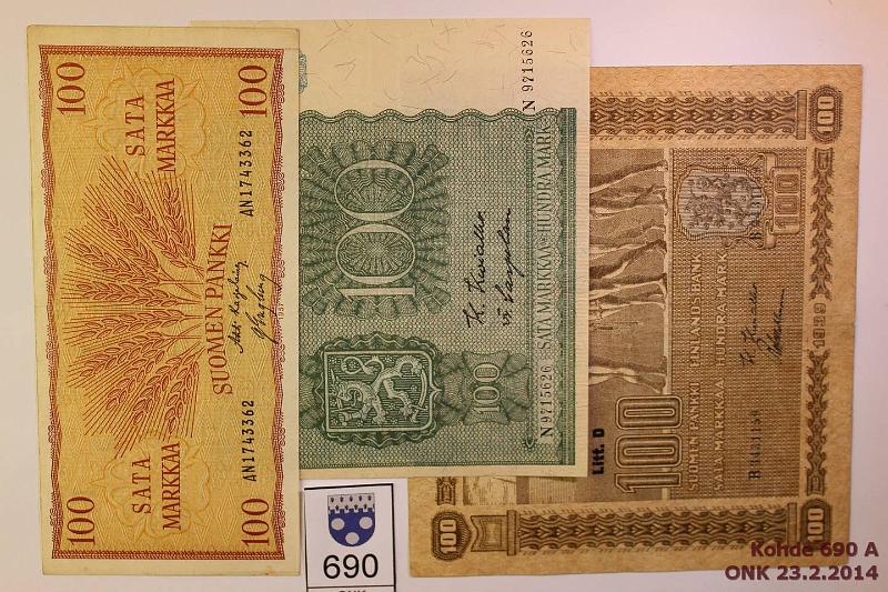 k-0690-a.jpg - Kohde 690, lhthinta: 10 € / myyntihinta: 36 € 100 mk 1939-57 (3) 100mk 1939 LD B..KIV-Wah prep;-45 LB N..KIV-Car;-57 AN..KA I-Eng, kunto: 3-6