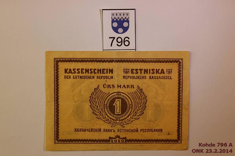 k-0796-a.jpg - Kohde 796, lhthinta: 5 € Eesti 1 mark 1919 P#43 Eesti Vabariigi Kassatht 002042, prep, kunto: 4