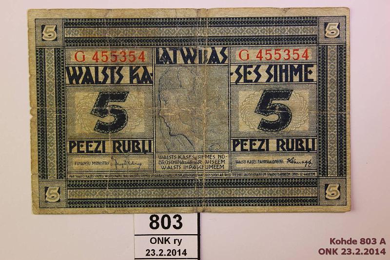 k-0803-a.jpg - Kohde 803, lhthinta: 5 € Latvia 5 rubli 1919 P#3f Reiki, rep G455354, kunto: 3