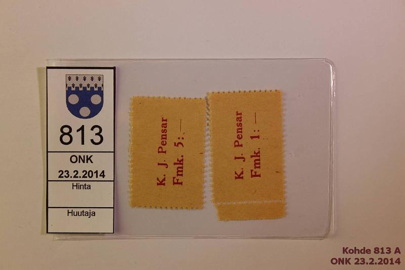 k-0813-a.jpg - Kohde 813, lhthinta: 5 € / myyntihinta: 5 € 1 + 5 mk K.J. Pensar 1 ja 5Fmk., kunto: 9