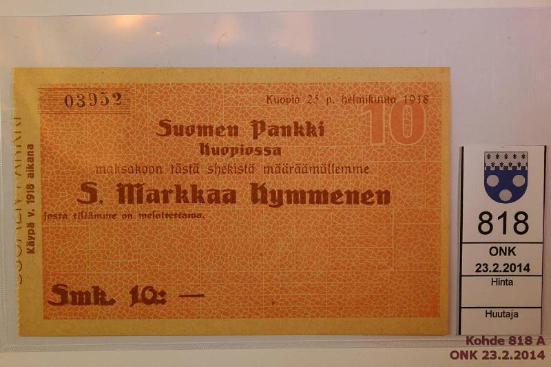 k-0818-a.jpg - Kohde 818, lhthinta: 5 € / myyntihinta: 15 € Sekki 10 mk 1918 Suomen Pankki 03952 S. Markkaa Kymmenen, Kuopion konttori, kunto: 8