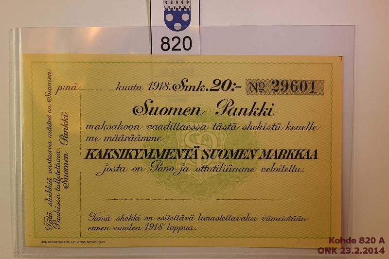 k-0820-a.jpg - Kohde 820, lhthinta: 5 € / myyntihinta: 15 € Sekki 20 mk 1918 Suomen Pankki 29601 Kaksikymment Suomen Markkaa, kunto: 9