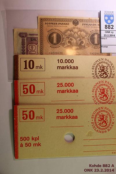 k-0882-a.jpg - Kohde 882, lhthinta: 5 € / myyntihinta: 11 € 3 tarkastuskorttia, 2 seteli Pahvikortit 10mk 1000kpl; 50mk 500kpl(2), 1mk 1916 kl5; 20mk 1939 kl4, kunto: 4-8