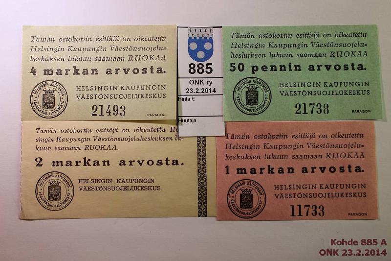 k-0885-a.jpg - Kohde 885, lhthinta: 40 € 50 p - 4 mk ruokakupongit (4) Helsingin Kaupungin Vestnsuojelukeskus 50p, 1, 2, 4 mk ruokakupongit, kunto: 7-8