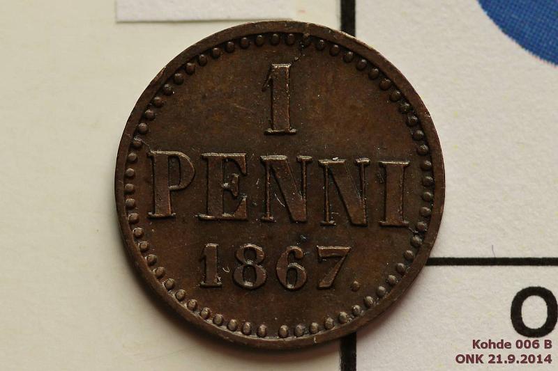k-0006-b.jpg - Kohde 6 (kuva 2/2), lhthinta: 40 € / myyntihinta: 46 € 1 p 1867 SNY 4.2 kaarevat nauhat, kaunis tumma patina, kunto: 7