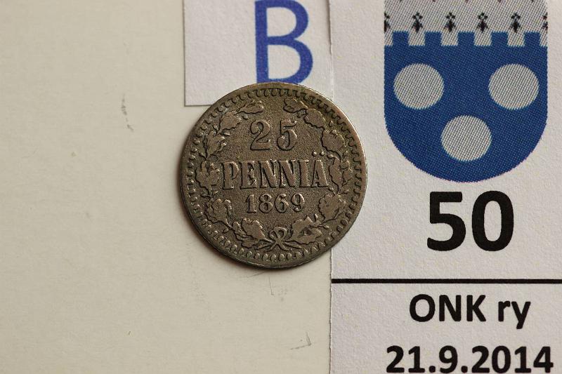 k-0050-b.jpg - Kohde 50 (kuva 2/2), lhthinta: 15 € / myyntihinta: 40 € 25 p 1869 Ag, SNY 169.1.1, kunto: 2/3