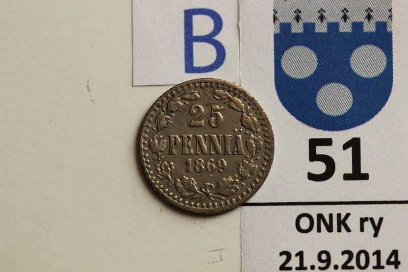 k-0051-b.jpg - Kohde 51 (kuva 2/2), lhthinta: 15 € / myyntihinta: 50 € 25 p 1869 Ag, SNY 169.2.2, kunto: 4