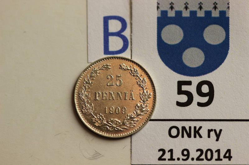 k-0059-b.jpg - Kohde 59 (kuva 2/2), lhthinta: 10 € / myyntihinta: 19 € 25 p 1909 Ag, arvop hnja, erittin kaunis, kunto: 9/8