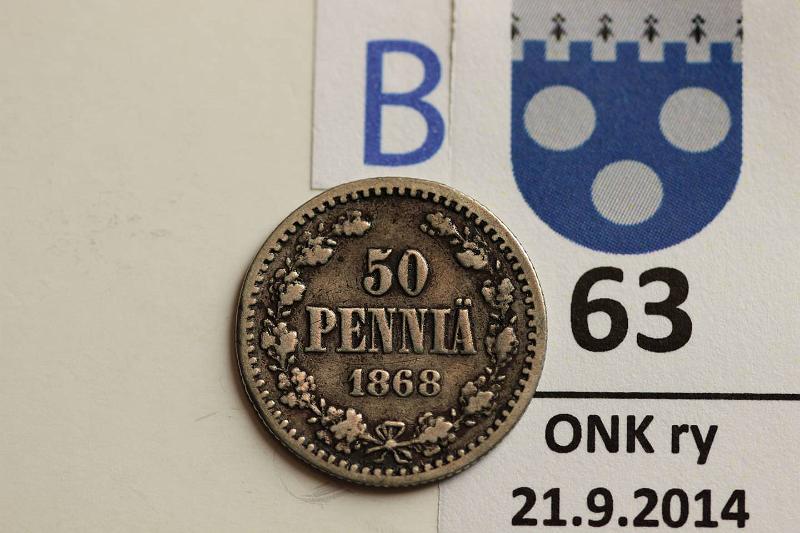 k-0063-b.jpg - Kohde 63 (kuva 2/2), lhthinta: 75 € / myyntihinta: 75 € 50 p 1868 Ag, kunto: 2/3