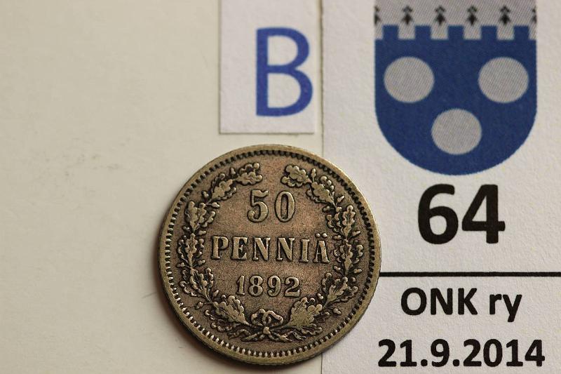 k-0064-b.jpg - Kohde 64 (kuva 2/2), lhthinta: 5 € / myyntihinta: 22 € 50 p 1892 Ag, SNY  327.1 , tihe vaakunaviivoitus, kunto: 4