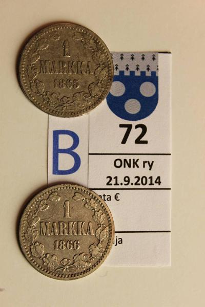 k-0072-b.jpg - Kohde 72 (kuva 2/2), lhthinta: 10 € / myyntihinta: 13 € 1 mk 1865, 66 Ag, 1866 vajaa U-variantti, kunto: 3, 2/4