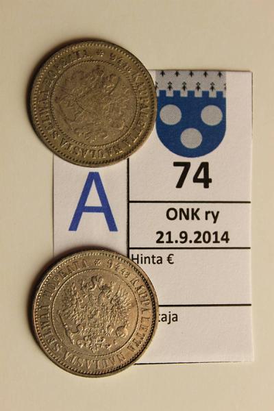 k-0074-a.jpg - Kohde 74 (kuva 1/2), lhthinta: 10 € / myyntihinta: 18 € 1 mk 1872, 74 Ag, SNY 402.1, 403, kunto: 2/3, 5