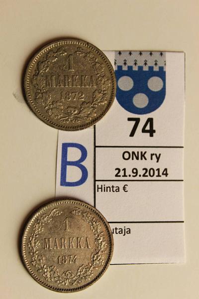 k-0074-b.jpg - Kohde 74 (kuva 2/2), lhthinta: 10 € / myyntihinta: 18 € 1 mk 1872, 74 Ag, SNY 402.1, 403, kunto: 2/3, 5