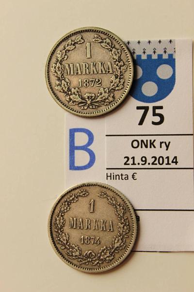 k-0075-b.jpg - Kohde 75 (kuva 2/2), lhthinta: 15 € / myyntihinta: 19 € 1 mk 1872, 74 Ag, SNY 402.1, 403, kunto: 3/4, 5
