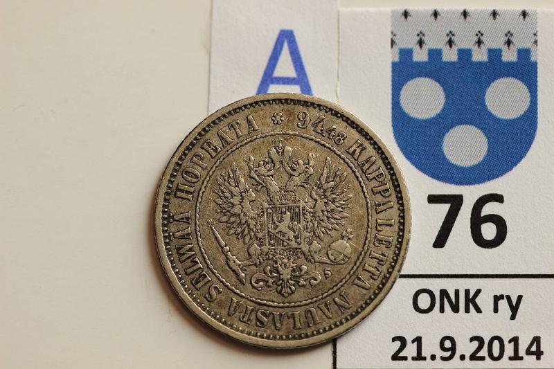 k-0076-a.jpg - Kohde 76 (kuva 1/2), lhthinta: 7 € / myyntihinta: 10 € 1 mk 1874 Ag, pij, kunto: 4/5