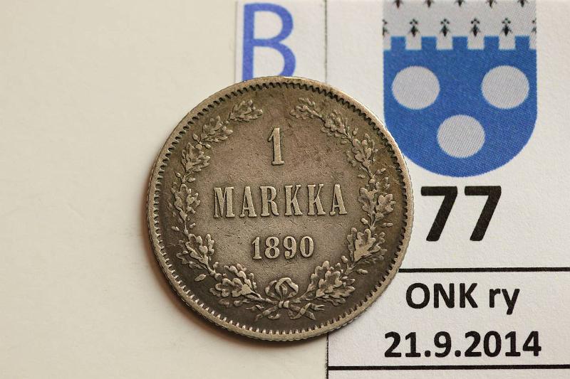k-0077-b.jpg - Kohde 77 (kuva 2/2), lhthinta: 7 € / myyntihinta: 7 € 1 mk 1890 Ag, kunto: 4/5