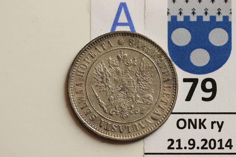 k-0079-a.jpg - Kohde 79 (kuva 1/2), lhthinta: 7 € / myyntihinta: 9 € 1 mk 1890 Ag, hom., kunto: 6