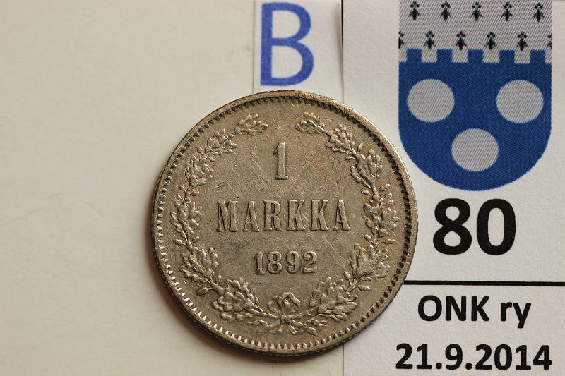 k-0080-b.jpg - Kohde 80 (kuva 2/2), lhthinta: 7 € / myyntihinta: 12 € 1 mk 1892 Ag, kunto: 5