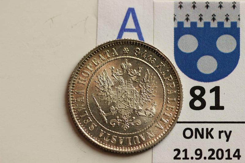 k-0081-a.jpg - Kohde 81 (kuva 1/2), lhthinta: 250 € / myyntihinta: 250 € 1 mk 1892 Ag, loistelias!, kunto: 9