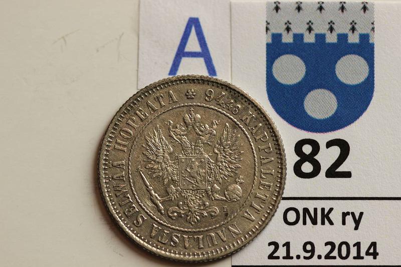 k-0082-a.jpg - Kohde 82 (kuva 1/2), lhthinta: 7 € / myyntihinta: 14 € 1 mk 1893 Ag, kunto: 5