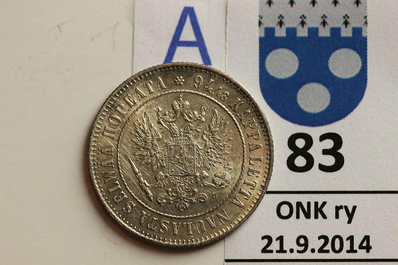 k-0083-a.jpg - Kohde 83 (kuva 1/2), lhthinta: 7 € / myyntihinta: 11 € 1 mk 1907 Ag, nja, kunto: 6