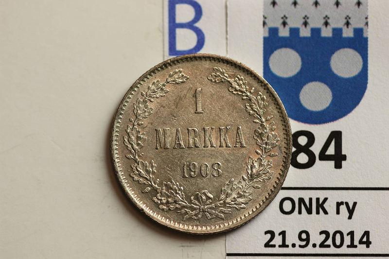 k-0084-b.jpg - Kohde 84 (kuva 2/2), lhthinta: 35 € / myyntihinta: 54 € 1 mk 1908 Ag, kaunis!, kunto: 8/7