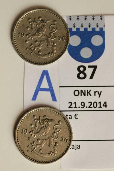 k-0087-a.jpg - Kohde 87 (kuva 1/2), l�ht�hinta: 5 &euro; 1 mk 1936 (2) Ni, vaikea vuosi, kunto: 4,5