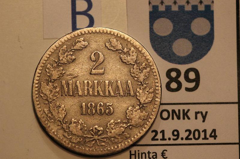 k-0089-b.jpg - Kohde 89 (kuva 2/2), lhthinta: 15 € / myyntihinta: 17 € 2 mk 1865 Ag, SNY 493.1, pallot, kunto: 3