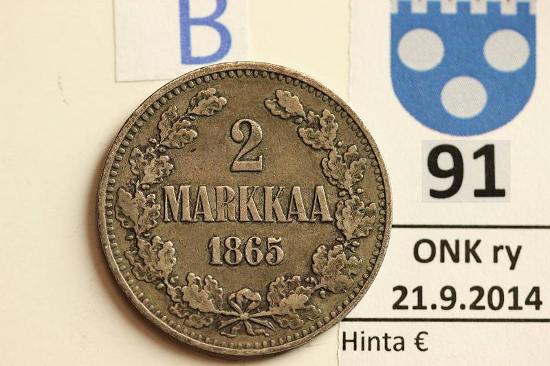k-0091-b.jpg - Kohde 91 (kuva 2/2), lhthinta: 15 € / myyntihinta: 19 € 2 mk 1865 Ag, SNY 493.1, pallot, kunto: 4/5