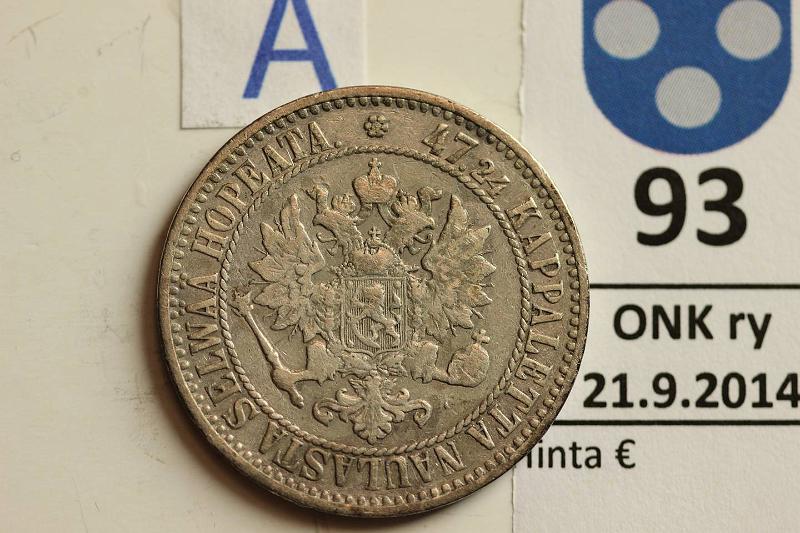 k-0093-a.jpg - Kohde 93 (kuva 1/2), lhthinta: 15 € / myyntihinta: 23 € 2 mk 1866 Ag, SNY 494.1, lpuhd, kunto: 4